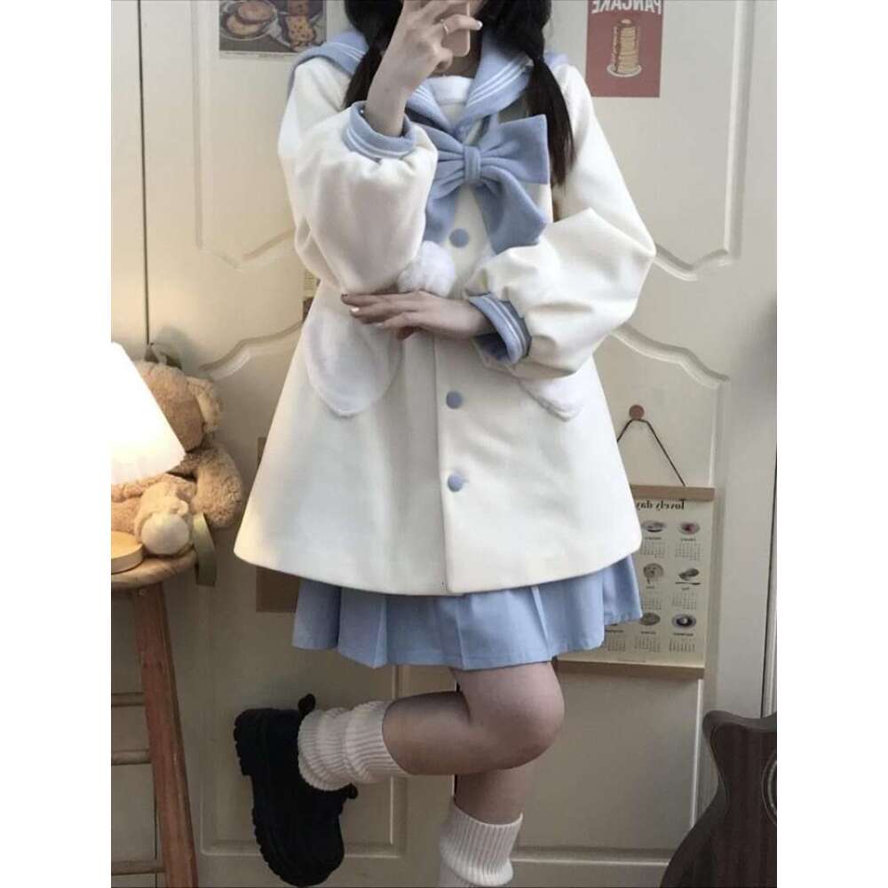 Sweet Bow Sailor Collar Jackets Mujer 2024 Autumn Winter New Thicked Warm Coat Women Y2k Mid-Length Long Sleeve Loose Tops