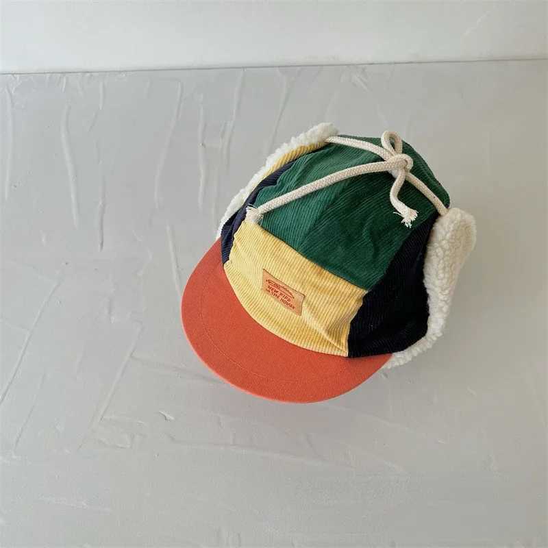4-6Y Winter Kids Hat Corduroy Baseball Caps Fur Lining Patchwork Warm Hat 50-52CM LX241018