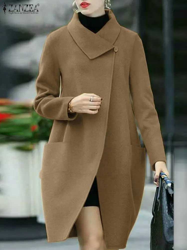 ZANZEA Women Loose Woolen Coat 2024 Fall Winter Lapel Overcoat Fashion Long Sleeve Outwears Vintage Pockets Solid Parka CoatsX241009