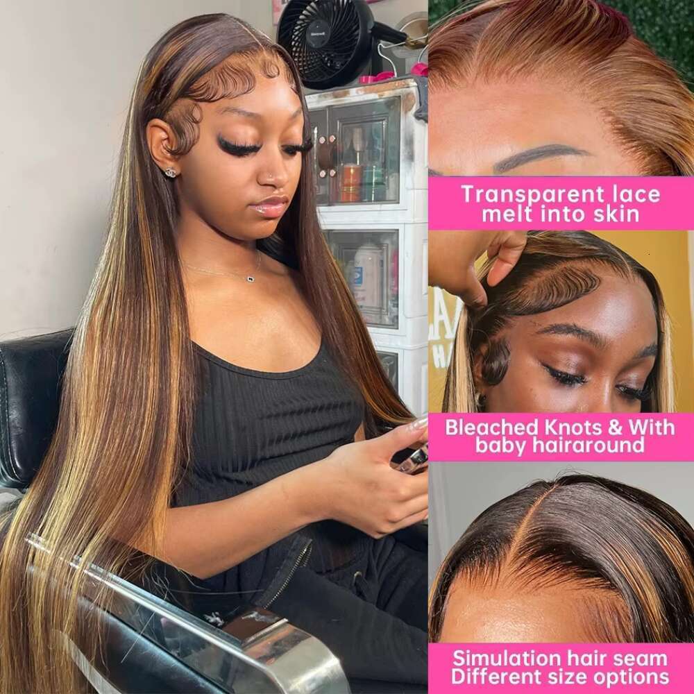 36Inch Bone Straight Highlight HD Lace Front Human Hair P4/27 Ombre 13x6 Frontal Wigs 13x4 Honey Blonde Colored Wigs For Women