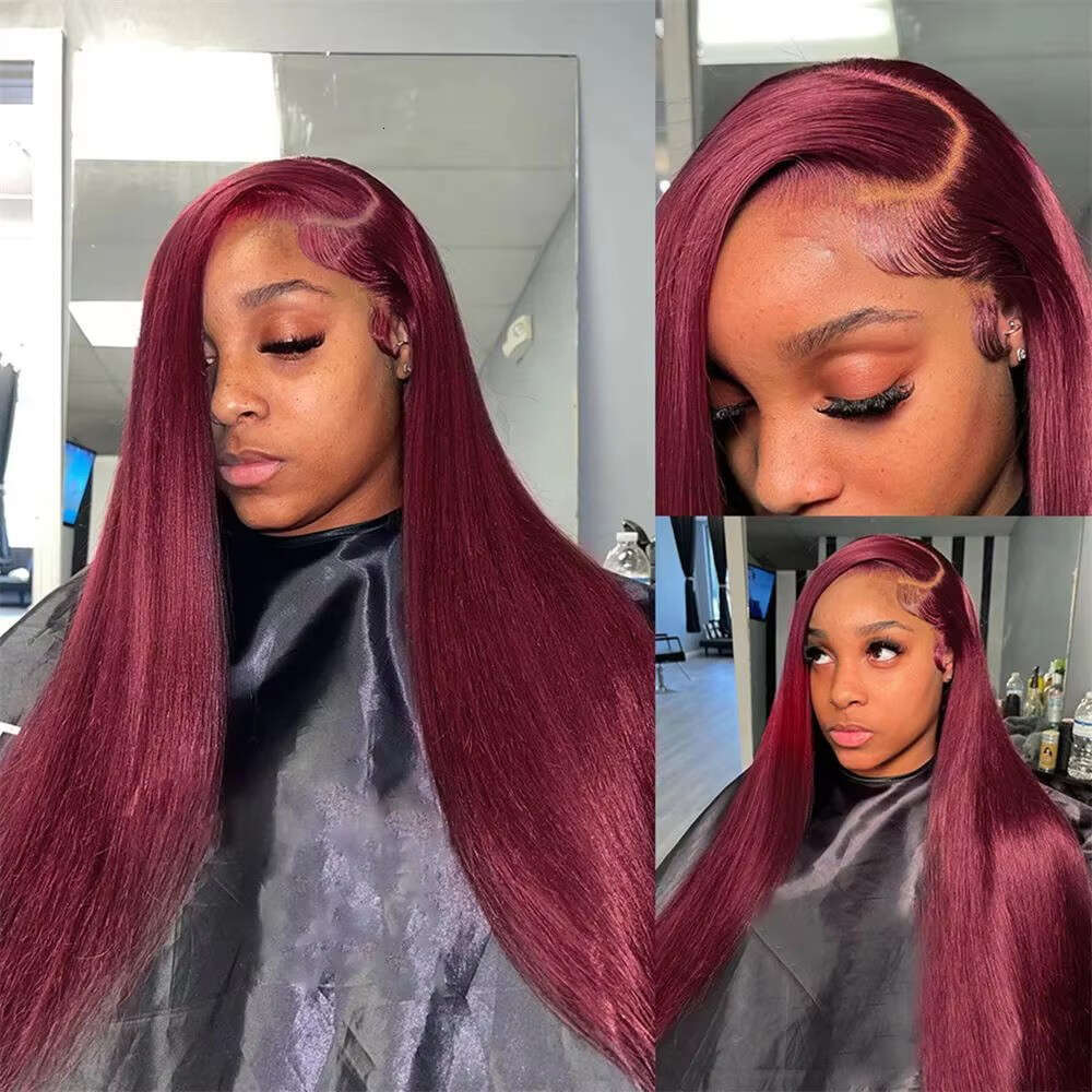 13x6 Silky Straight Lace Front Human Hair Wig For Women Pre Plucked 99J Burgundy Colored Lace Frontal Human Hair Wig Hot Selling