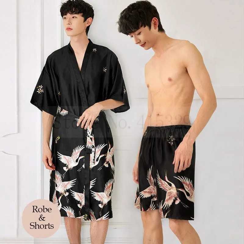 Men Satin Kimono Robe Set Nightwear Half Sleeve Print Crane Sleepwear Home Dressing Gown Loungewear Nightgown BathrobeXJ241018