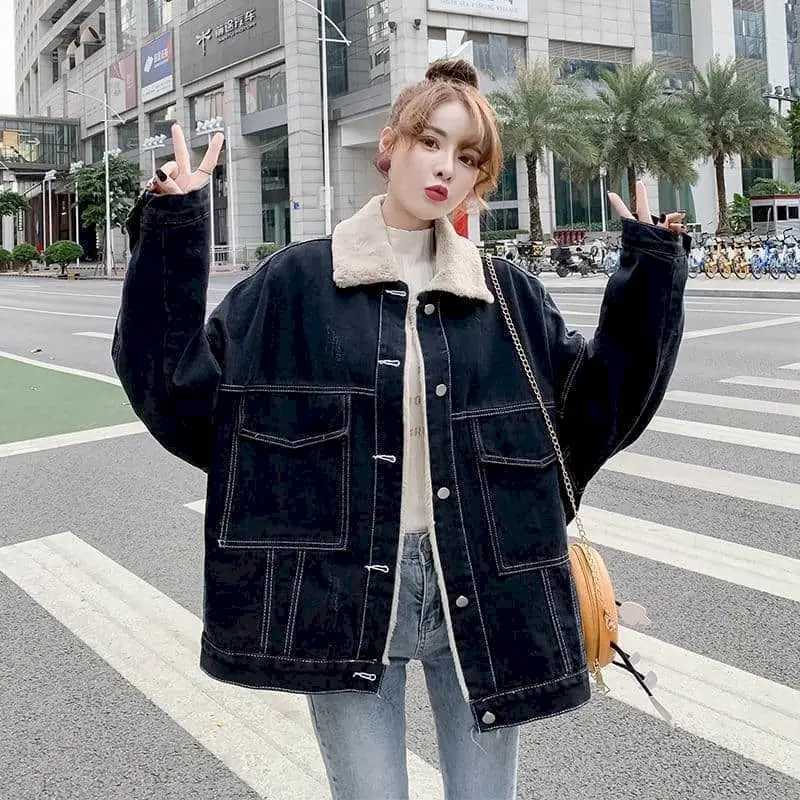 Womens Lamb Wool Denim Jacket Vintage Fashion Coats Autumn Winter All-match Thicken Korean Loose Mid-length Casual Jean JacketsX241018