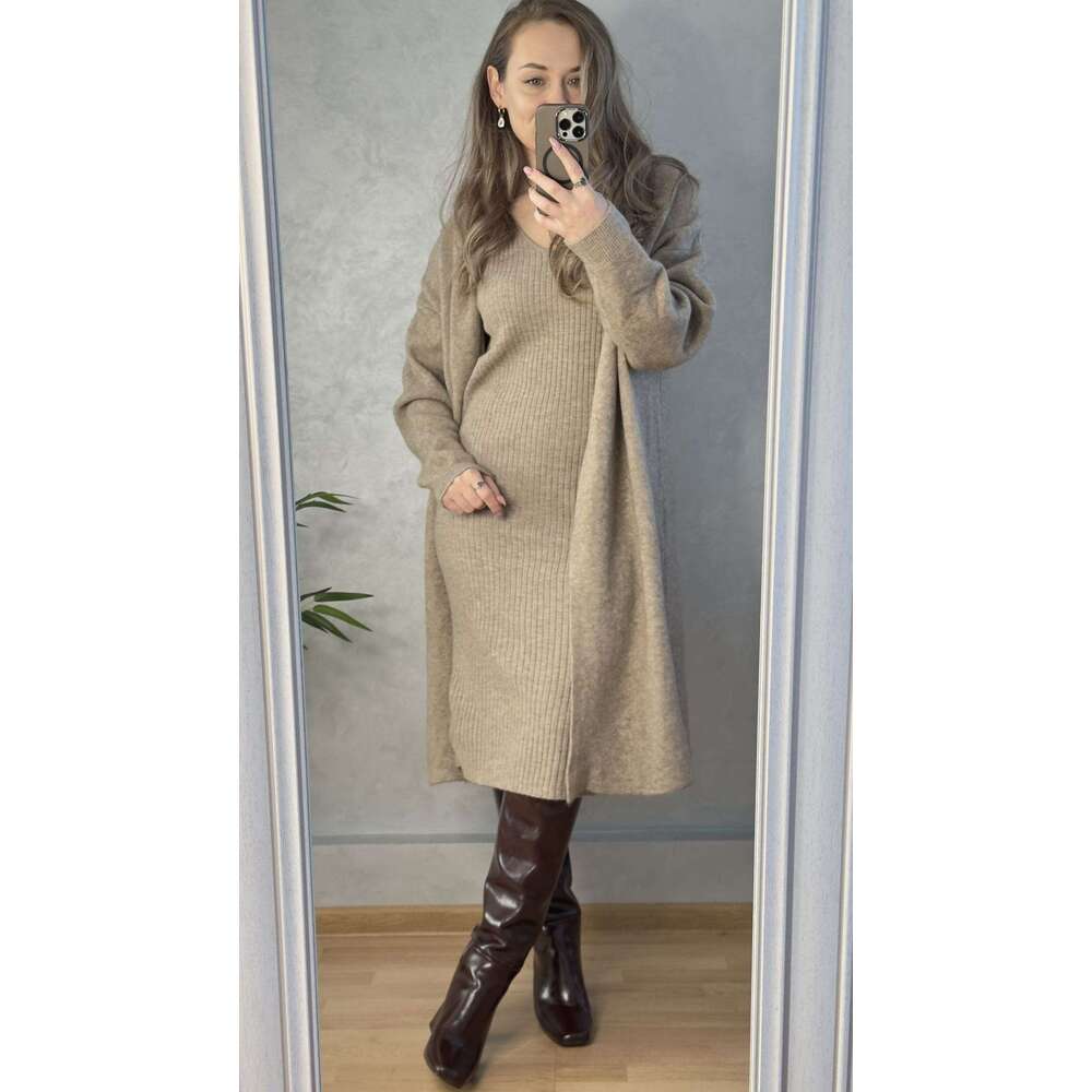 Hirsionsan Soft Elegant Women Suits 2 Pieces Female Sets V Neck Tan Midi Dresses & OL Style Knitted Long Cardigan Tracuit