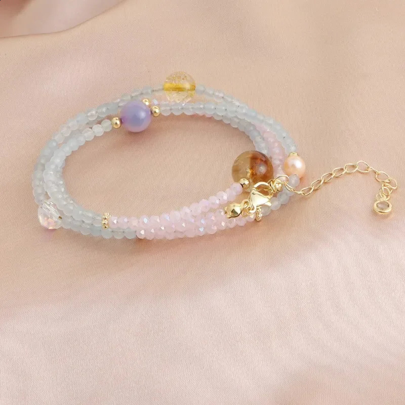 Minar Retro multi-color natural stone crystal aquamarine gemstone freshwater pearl three-layer bead chain bracelet 241018
