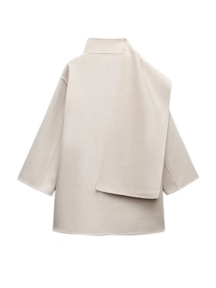 Elegant Scarf Collar Coat for Women Fashion Loose Long Sleeve Warm Jacket Autumn Winter Pocket Female Thick Outwear Street 241018