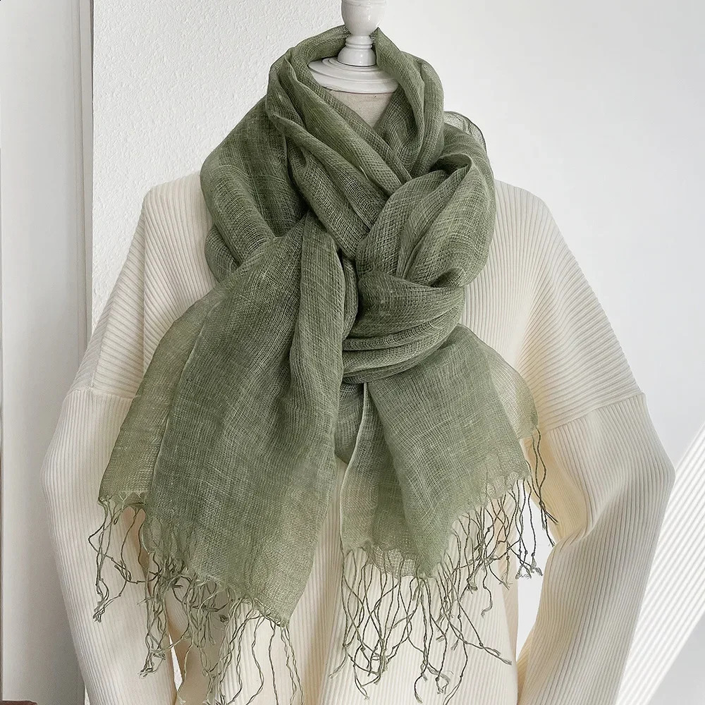 Summer Sunscreen Linen Scarf Womens Solid Tassel Shawl Art Forest Japanese and Korean Linen 241017