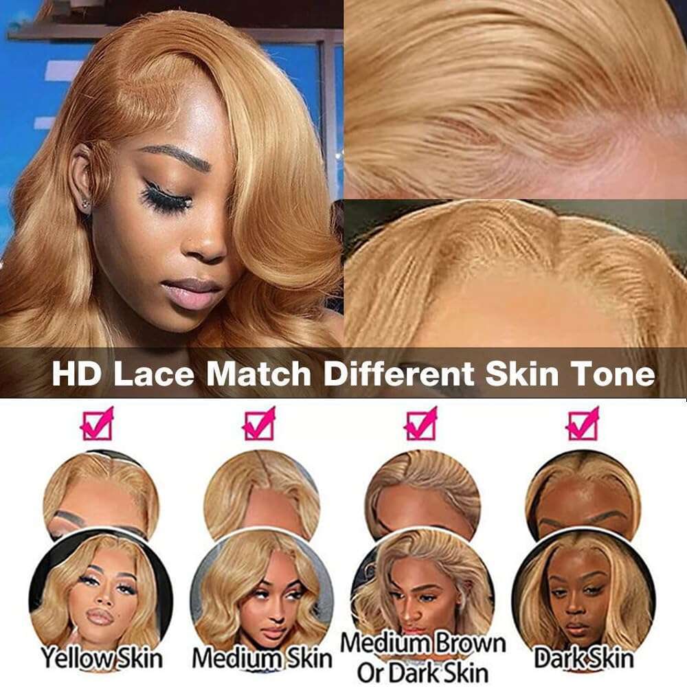 30 34inch #27 Honey Blonde Body Wave Lace Front Human Hair Wig Preplucked 13x6 HD Transparent Color Lace Frontal Wigs For Women