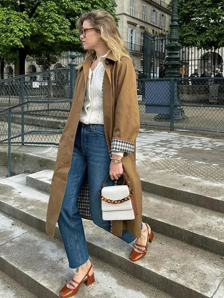 Autumn Pockets Long Trench Coat For Women Turn Down Collar Single Breasted Windbreak Jacket Female Elegant Street Chic Outerwear 241017