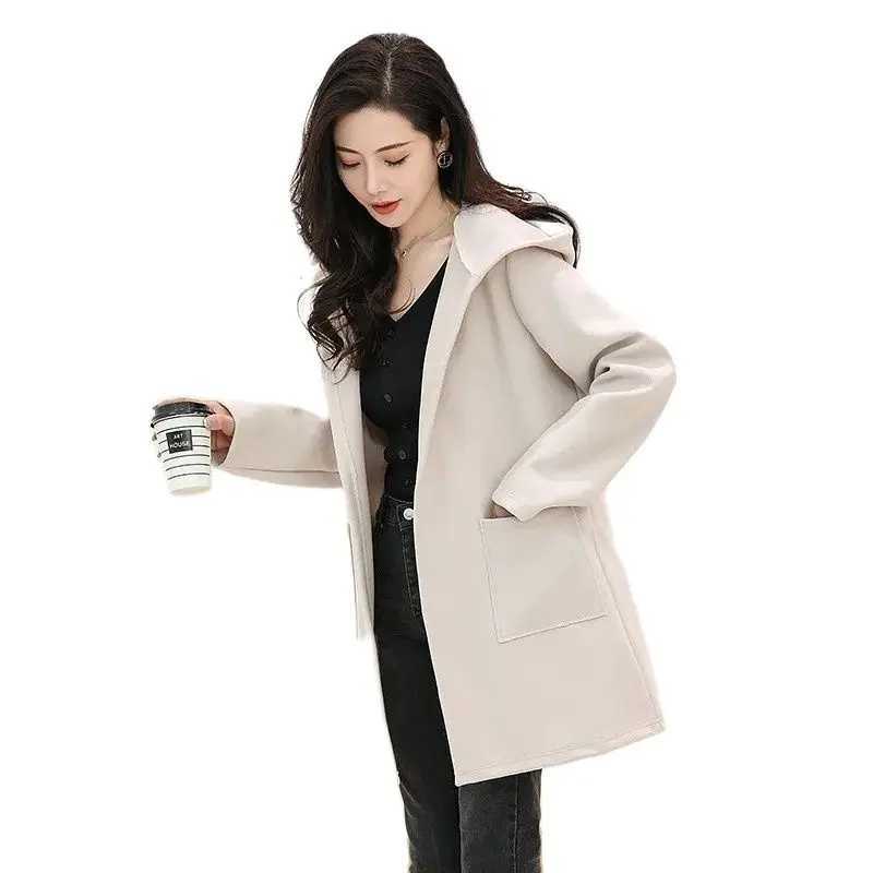 Woolen Coat Spring And Autumn New Korean Version Thin Brief Temperament Cardigan Woolen Ladies Jacket Medium Long Coats GirlX241009