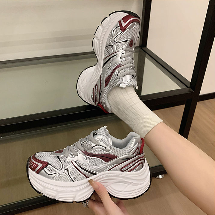 Women Sports Shoes Fashion Vintage Design Chunky Shoes Thick Sole Breathable Versatile Casual Style Triple Silver White Red Free shipping