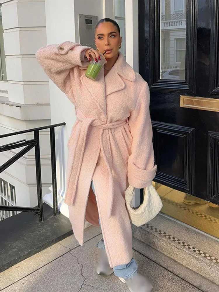 Sweet Pink With Belt Woolen Overcoat Women Fashion Lapel Long Sleeve Warm Long Coat 2024 Autumn Winter New Lady Street OuterwearX241009