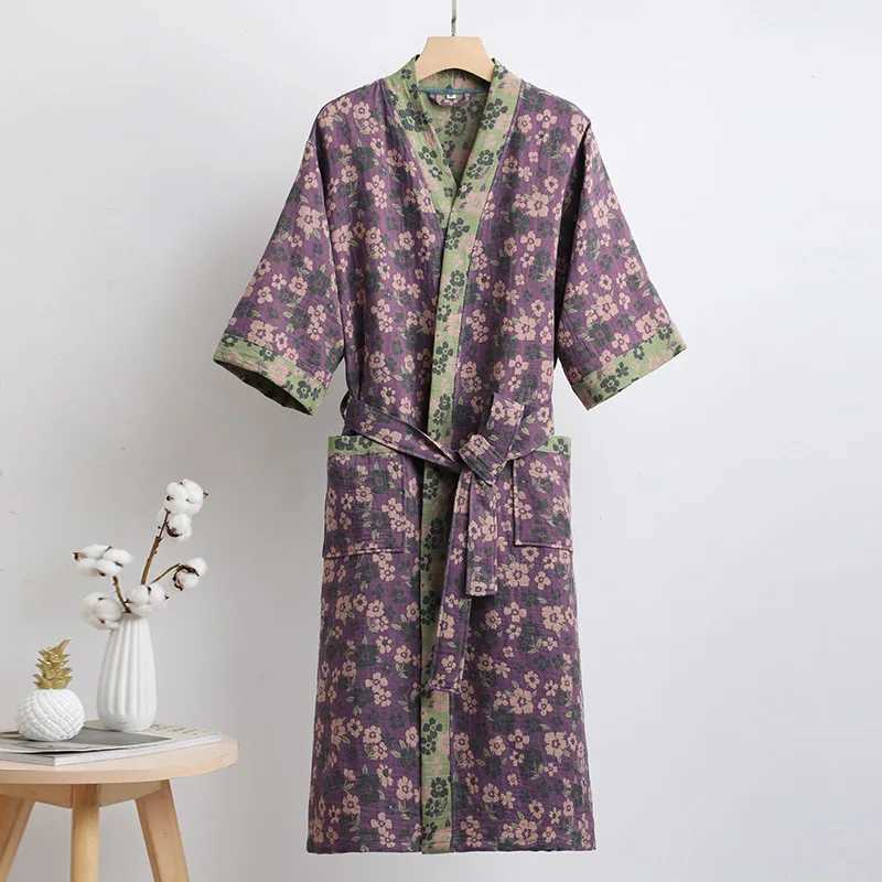 Mens Luxury Cotton Bathrobe with Sash Long Three Quarter Sleeve Pocket Sleepwear Pajamas Large Size Robe Muslim FashionXJ241018