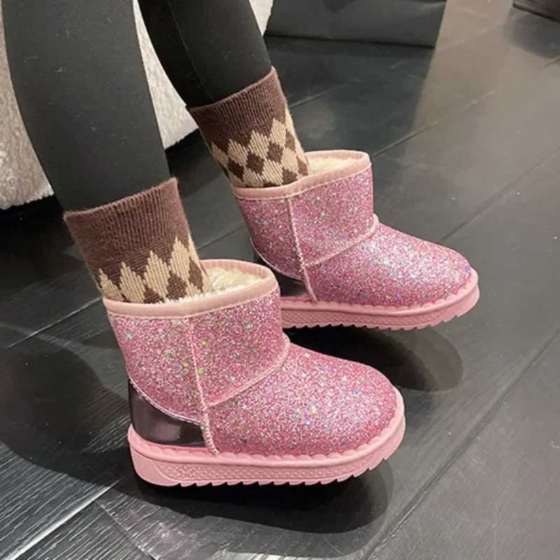 Boots Childrens snow boots 2024 winter new sequined princess ankle boots plush warm cotton shoes childrens anti slip sports shoes girls boots H241018