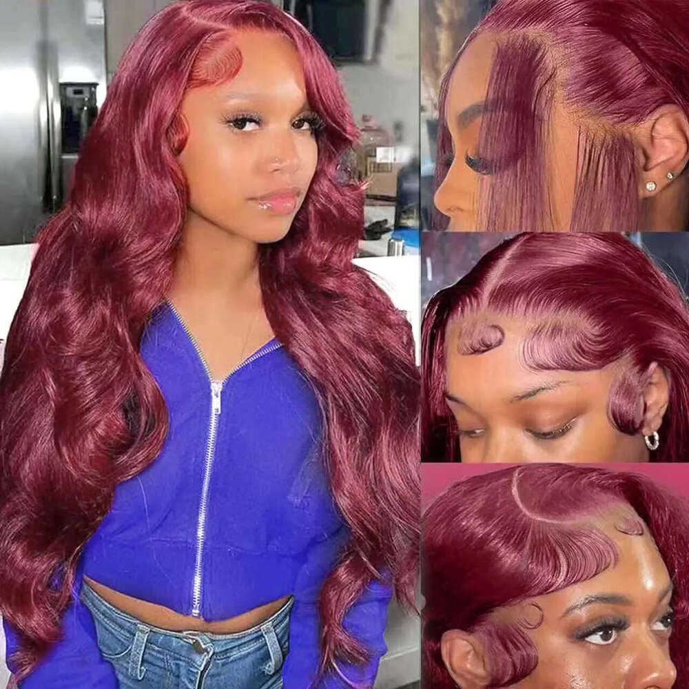 13x6 HD Transparent Body Wave 99j burgundy Lace Frontal Human Hair Wig 30 Inch 200 Density Lace Front Wig PrePlucked For Women