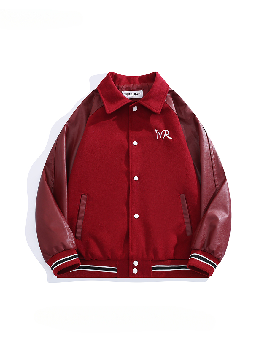 Trendy American Retro Woolen Spliced Leather Embroidered Jacket Men Women Lapel Baseball Uniform Casual Loose Couple Button Coat