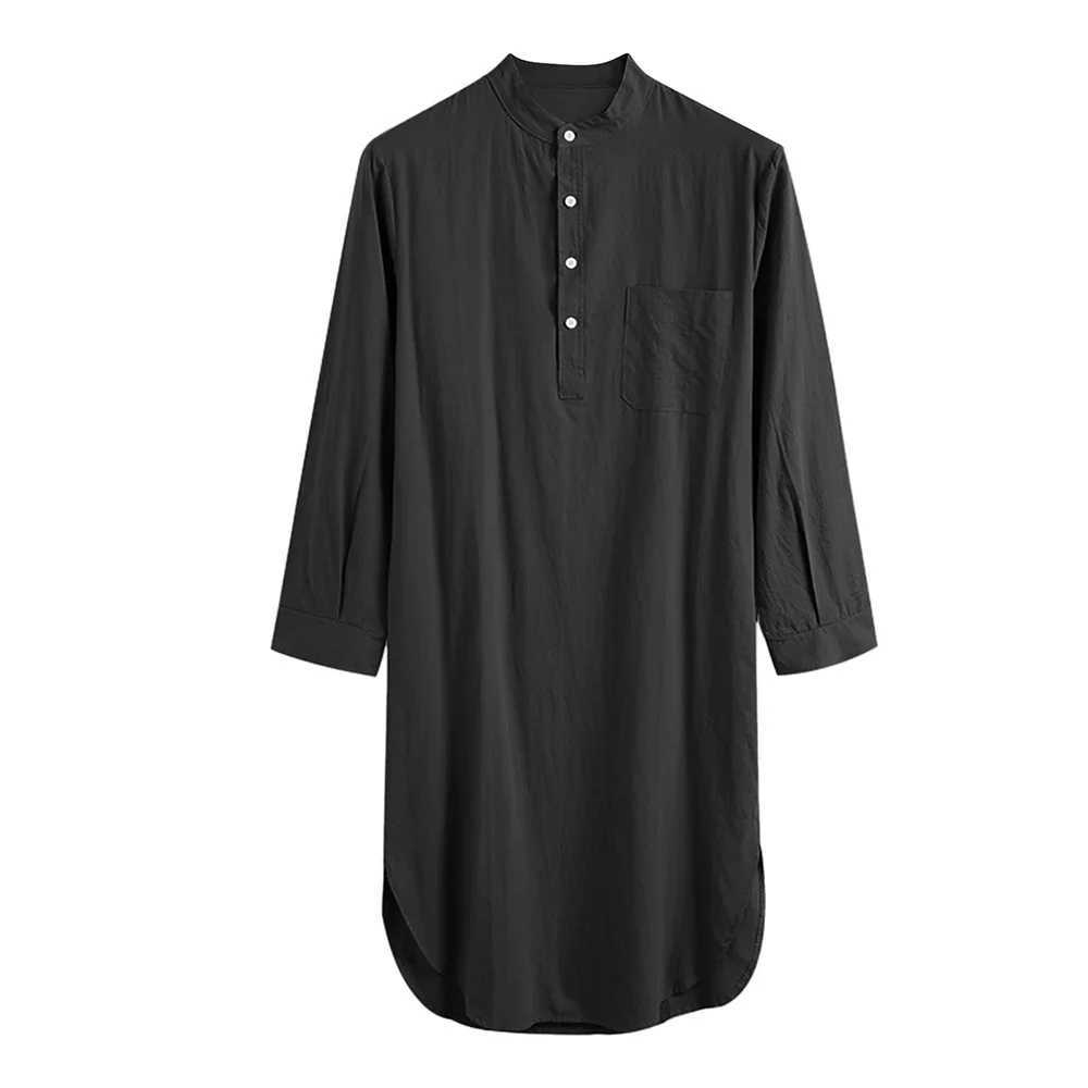 Causal Mens Sleep Robe Solid Color Long Sleeve Nightgown O Neck Button Up Leisure Men Bathrobe Homewear Long Shirt Kaftan ThobeXJ241018