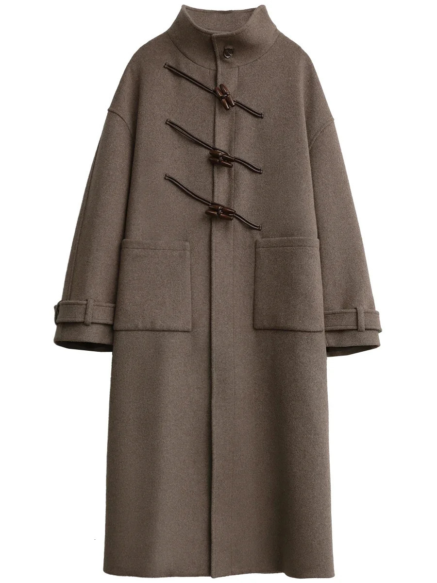 CHIC VEN Women Long Woolen Coats Single Breasted Loose Stand Collar Cow Horn Buttoned Office Ladies Overcoat Autumn Winter 241018