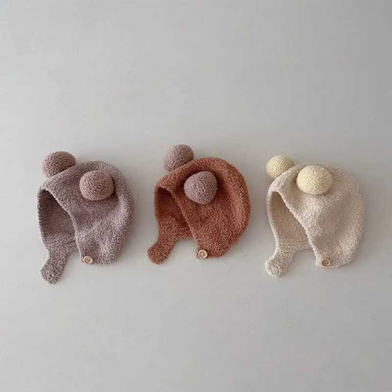 Cute Winter Warm Kids Girl Boys Baby Hats Fleece Wool Hemming Caps with Ball Solid Wool Ear Protection Hats Soft Newborn Bonnet LX241018
