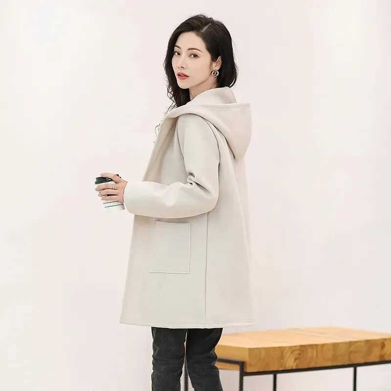 Woolen Coat Spring And Autumn New Korean Version Thin Brief Temperament Cardigan Woolen Ladies Jacket Medium Long Coats GirlX241009