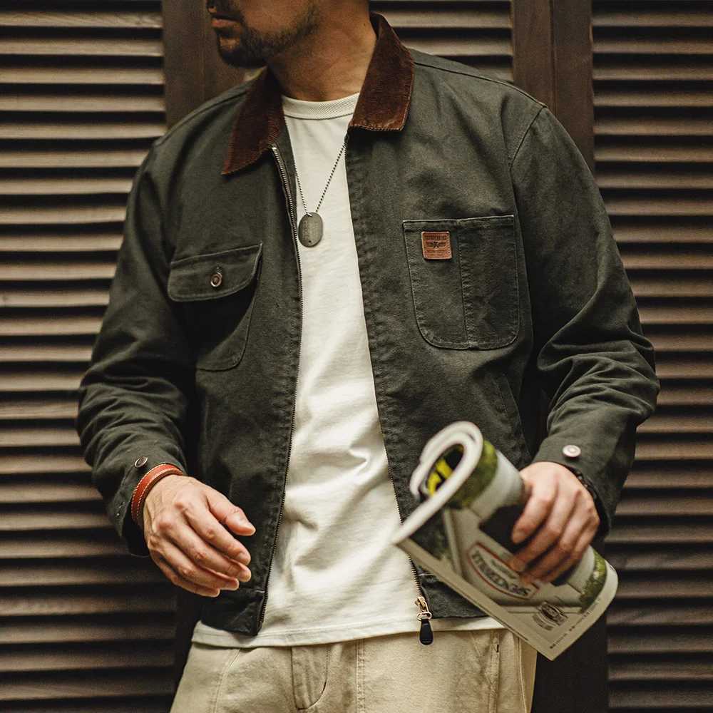 Maden Retro Heavyweight Canvas Detroit Jacket Corduroy Collar Hunting Short Zip-Up Jacket with Pockets Mens Autumn Outerwear LX241018