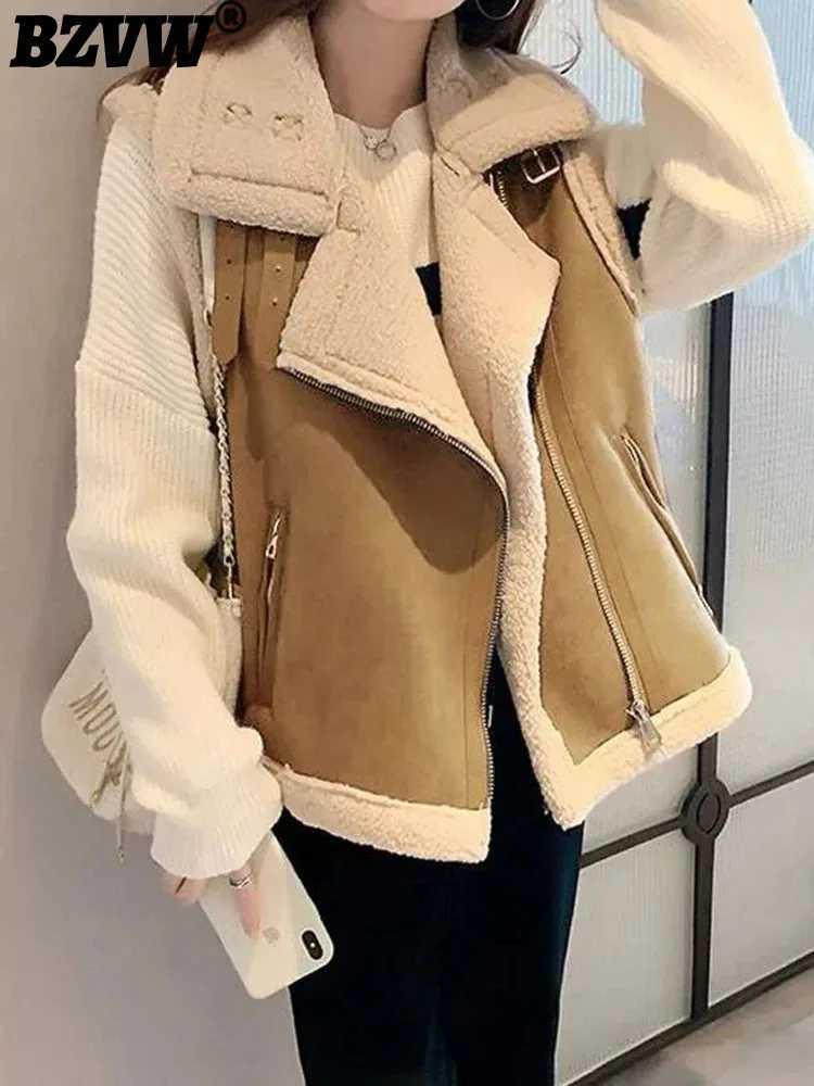 BZVW Leather And Fur Integrated Vest For Women Lapel Zipper Design Contrast Color Lamb Woolen Coats Winter 2024 New 25A8897X241018