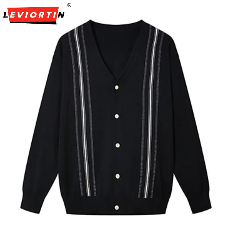Mens knitted cardigan spring sweater jacket for casual wear versatile fashion Vneck striped 241018