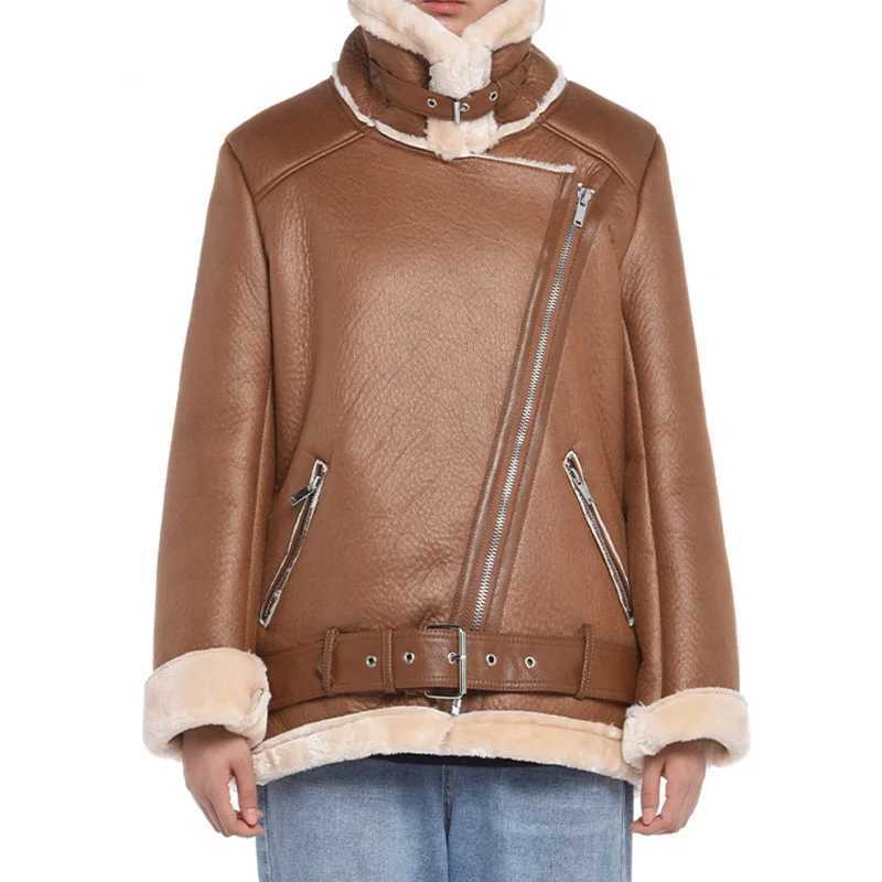 New Women Winter Lambs Wool Jackets Fur Collar Zipper Parka Warm Thick Outerwear Faux Lamb Leather Jacket Leather CoatX241018