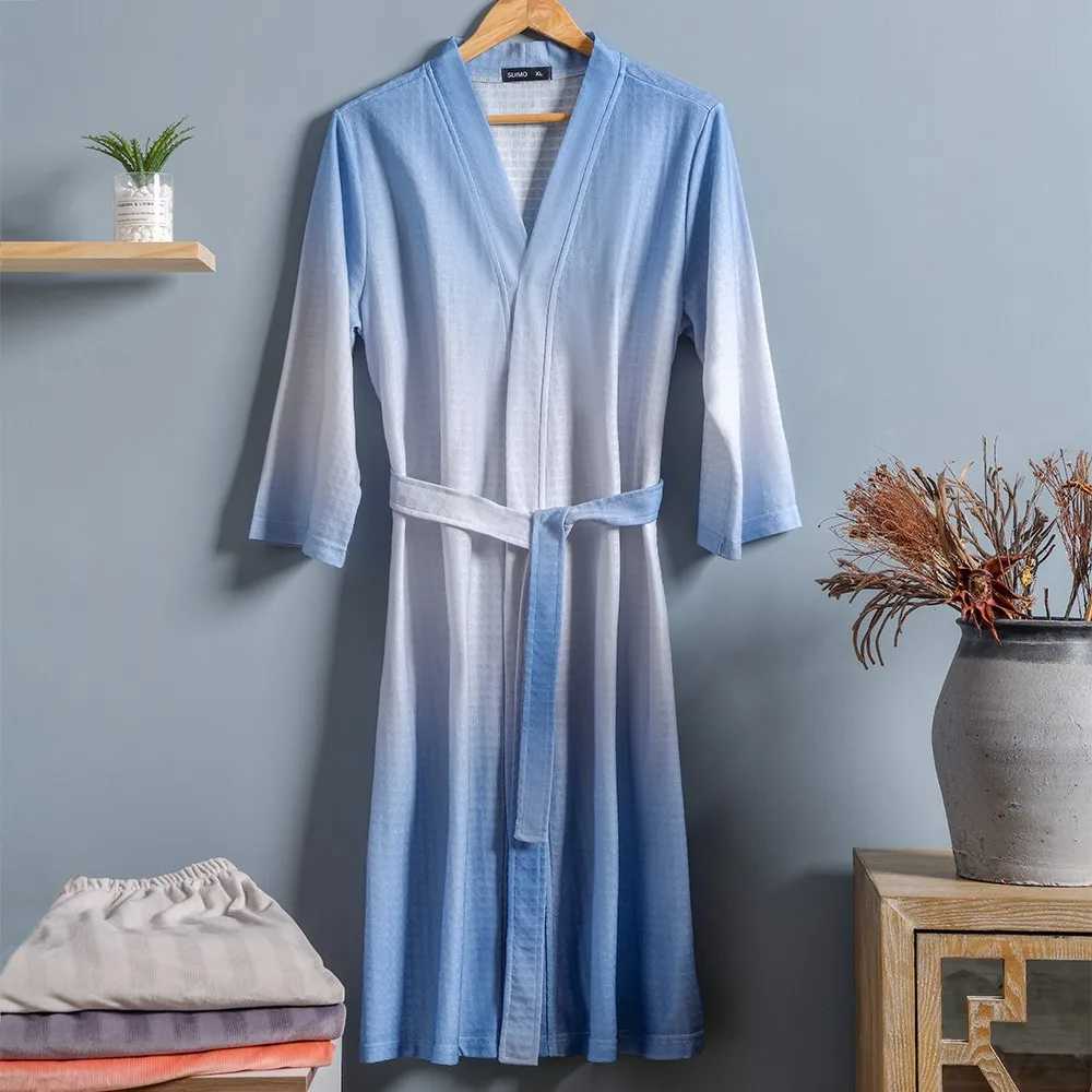 Gradient Men Waffle Robe Soft Kimono Gown Sleepwear Loose Bathrobe Gown Male Casual Nightwear Oversize Home ClothesXJ241018
