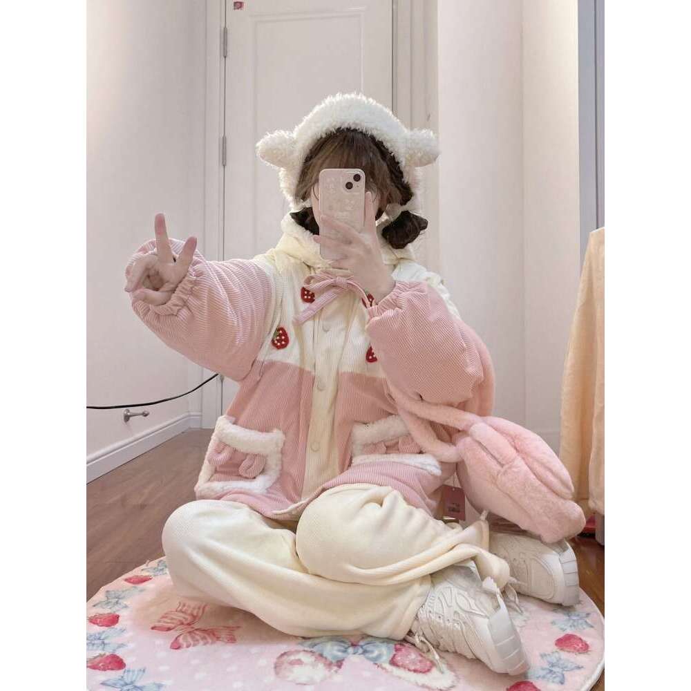 Japanese Sweet Corduroy Parkas Jacket Women Kawaii Y2k Strawberry Embroidery Hooded Outwear Female Autumn Winter Plush Warm Coat