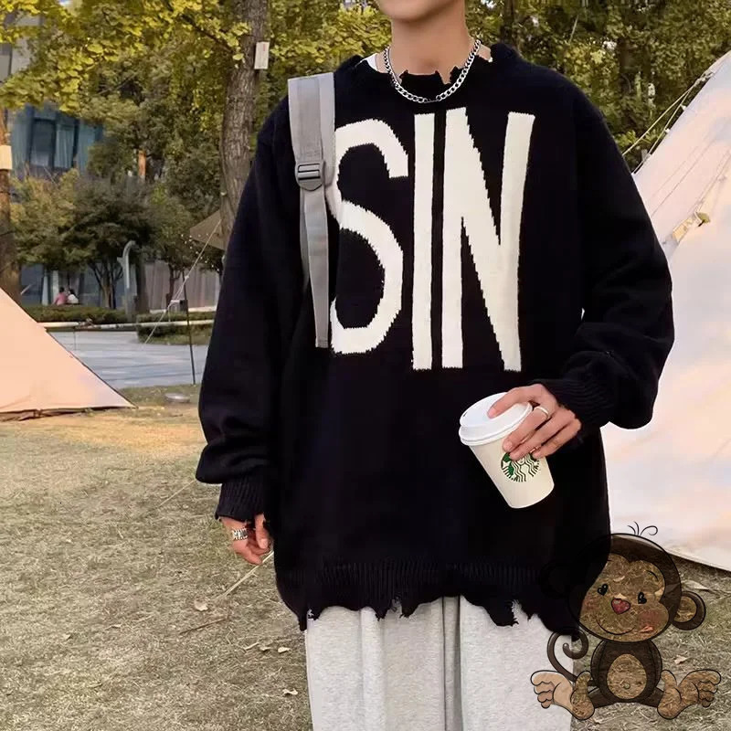 AutumnWinter Saint Mens Sweater Embroidered Letter Retro Long Sleeve Round Neck Knitted 241018