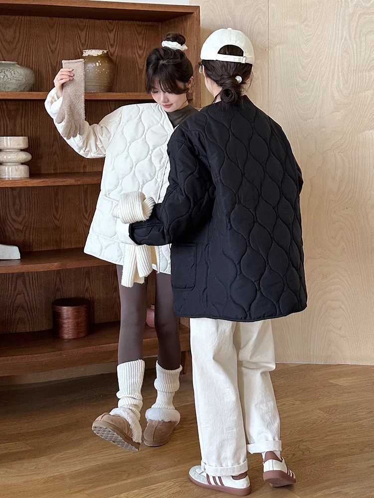 FIGOHR Lamb Wool Patchwork Jacket Korean Argyle Loose Coat Premium Lightweight Warm Cotton Jacket Women 2024 Autumn WinterX241018