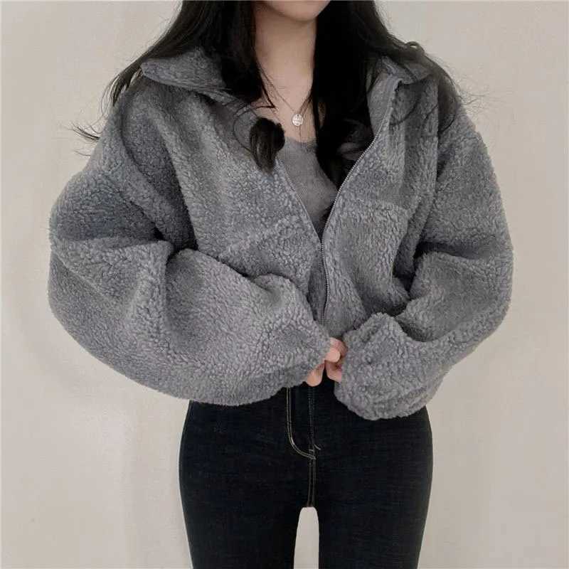 Lucyever Women Short Lamb Wool Jacket 2024 Autumn Winter Thicken Warm Plush Coat Female Fashion Zipper Stand Collar OuterwearX241018