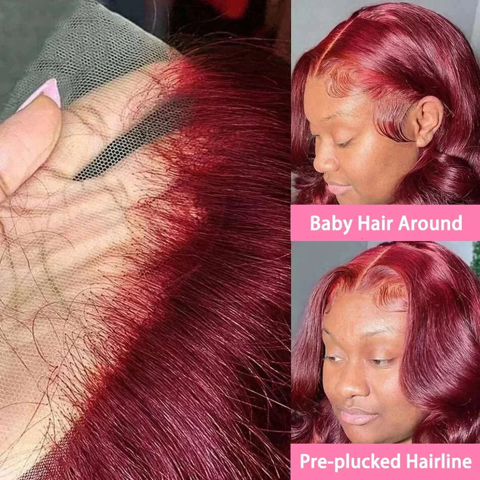13x6 HD Transparent Body Wave 99j burgundy Lace Frontal Human Hair Wig 30 Inch 200 Density Lace Front Wig PrePlucked For Women