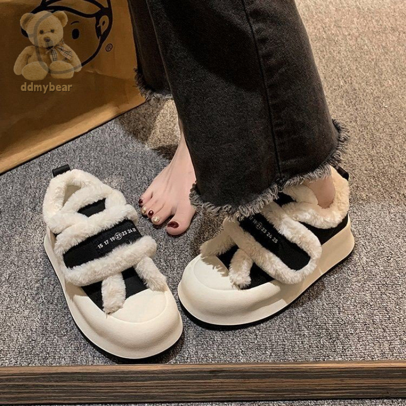 Ddmybear Thick Soft Leather Plush Sponge Soled Board For 2024 Winter Fashion Women's With Velcro Casual Outerwear Fur Shoes Chinese Brand Shoes F