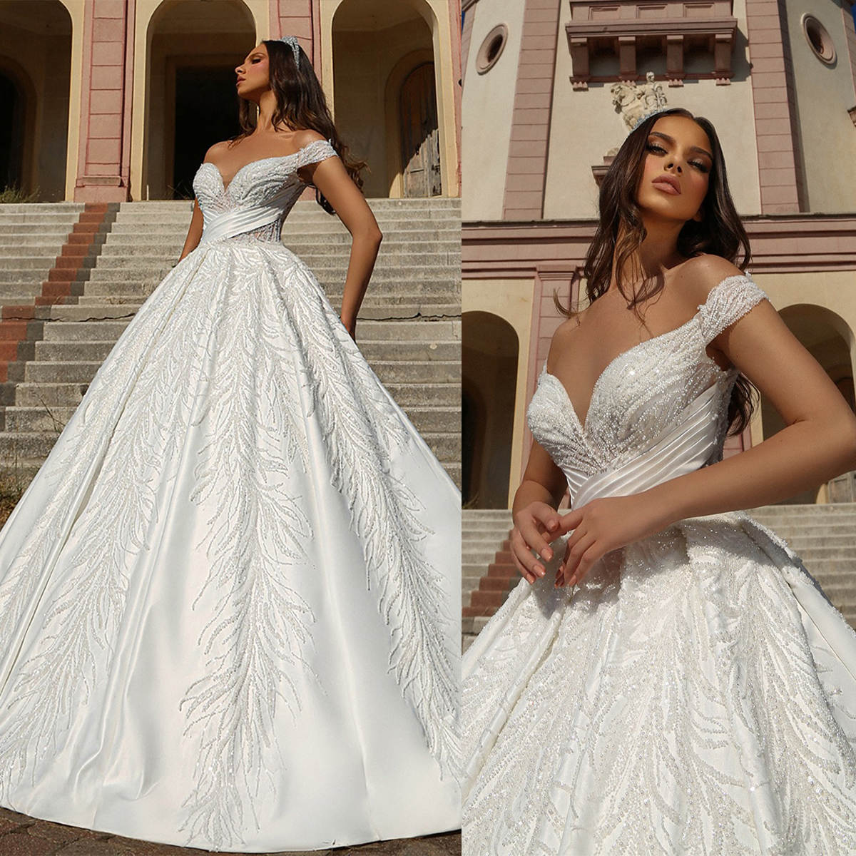 Classic Wedding Dresses Beading Sequins Bride Ball Gown Off Shoulder Bridal Dress Lace Up Custom Made Sleeveless Plus Size Vestidos De Novia 0219