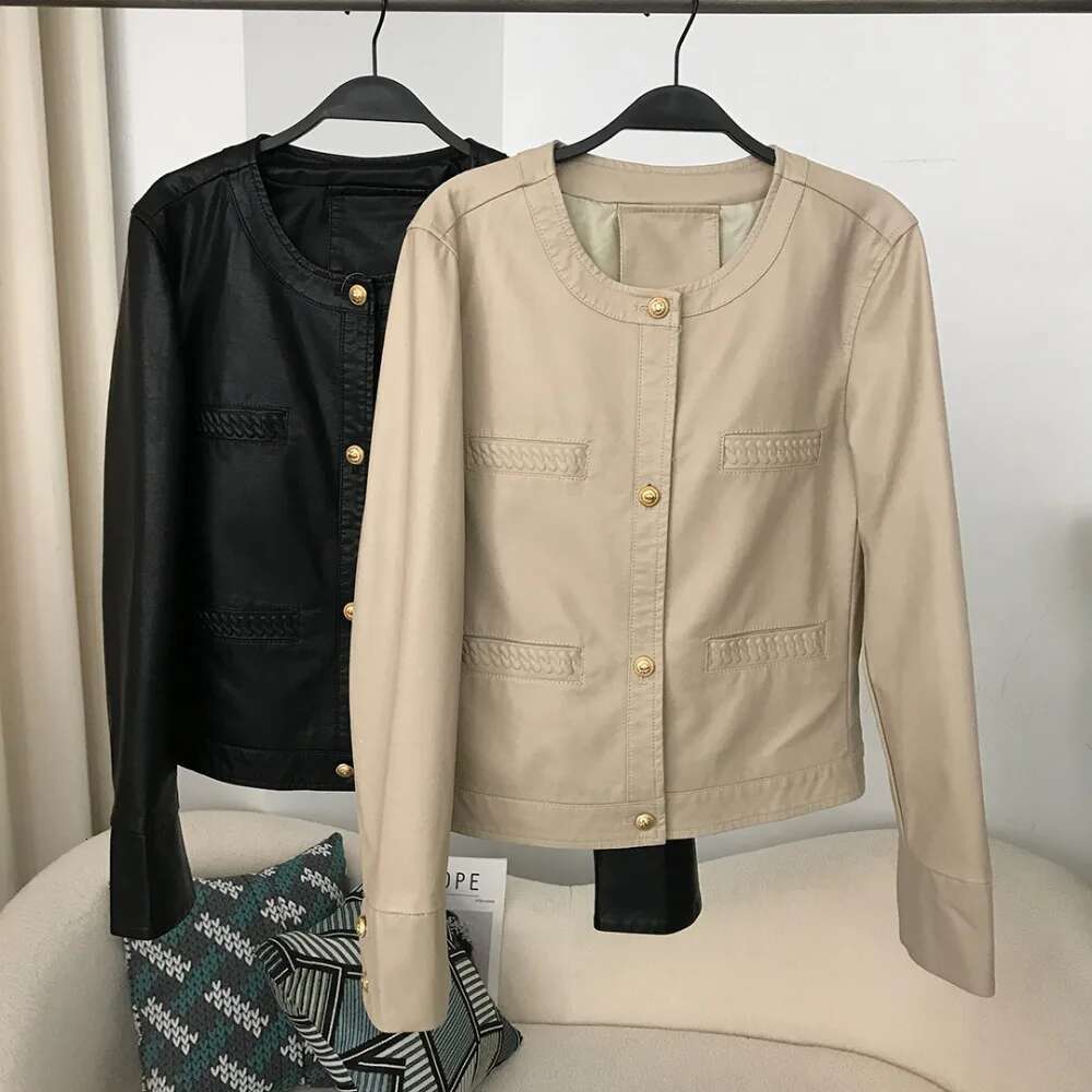 New O-Neck Faux Leather Spring Autumn High Street Short Jacket Women Fashion Vintage Single Breasted Solid Color Pu Coat