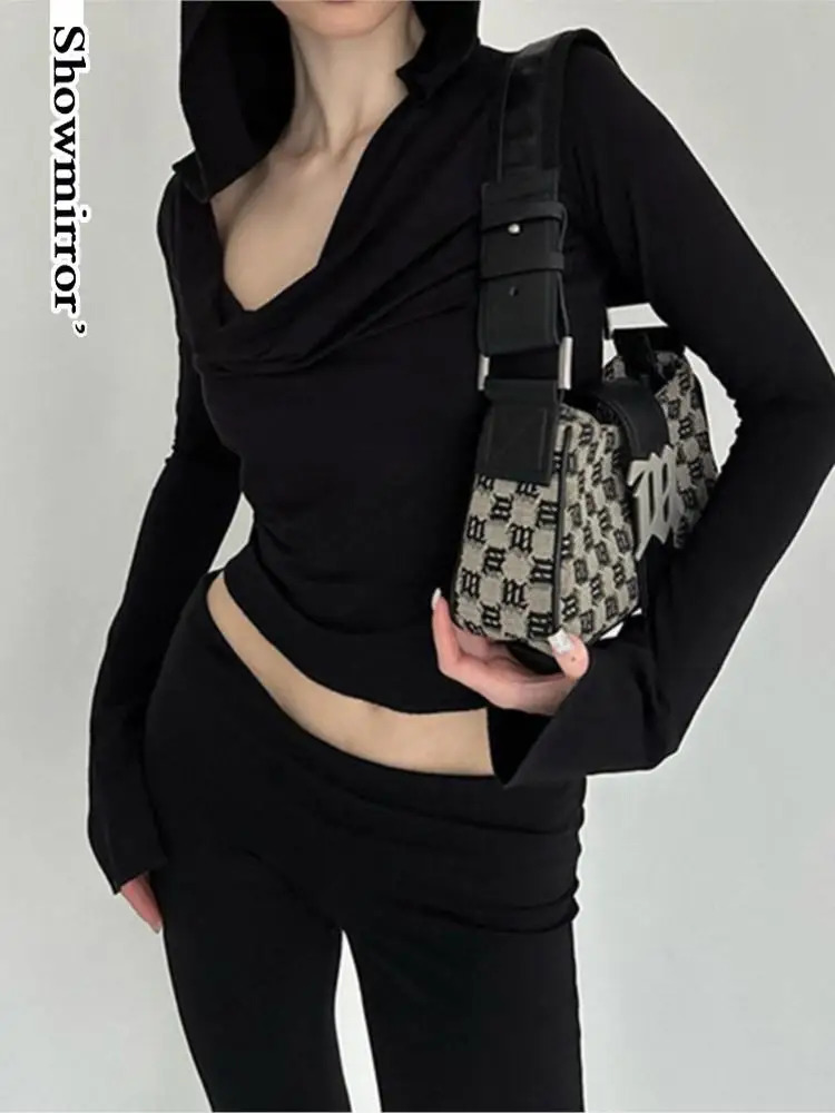flare sleeve Hooded Crop Top tshirt Elastic Long Sleeve tee shirt Women Black Casual Tshirt Collar Hoodies Pullover 241018