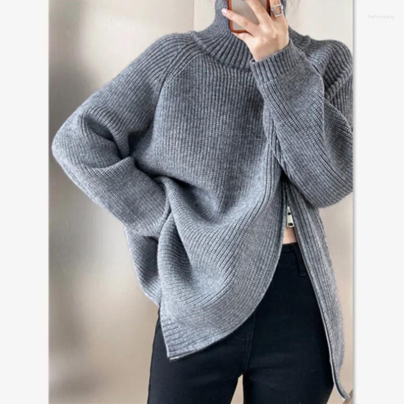 Turtleneck Cashmere Sweater For Women - Zippered Autumn Winter Fashion Knitted Pullover