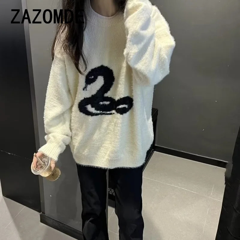 ZAZOMDE Y2k Gothic Print Man And Women Sweater Oversized Harajuku Korean Fashion Knitted Pullovers Snake Autumn Warm Streetwear 241018