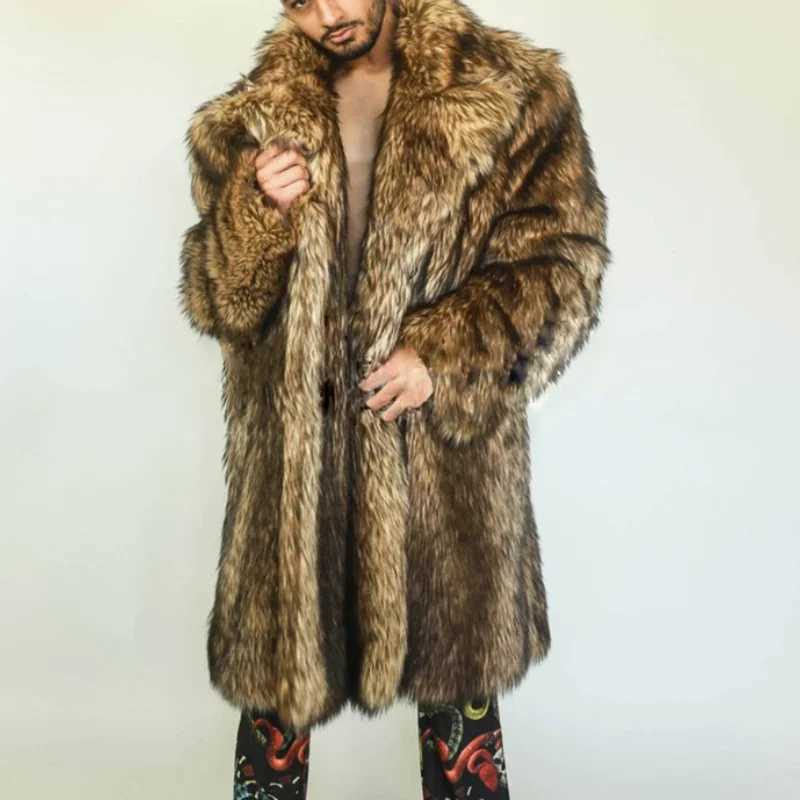 Mens autumn and winter thick Maxi faux fox fur coat jacket long sleeved warm luxury fur black park Bontjas fur furry coat W241009
