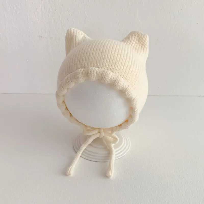 Cute Baby Knitted Hat Autumn Winter Warm Infant Ear Protection Cap Solid Color Cat Ears Kids Boy Girl Crochet Woolen Hat LX241018