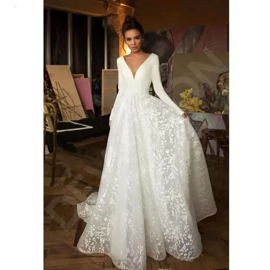 Long Modern Sleeve Boho Princess Wedding Dresses V Neck Covered Button Backless Lace Train Bridal Gown Vestido De Novia Bc Estido estido