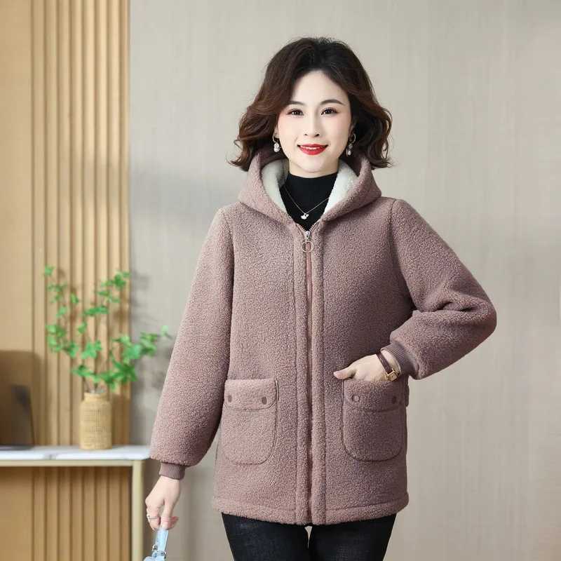 Lamb Wool Coat Womens Middle-Aged MoM Winter Plush Cotton Hoodie Jacket Female Warm Large Size Polar Fleece OutewearX241018