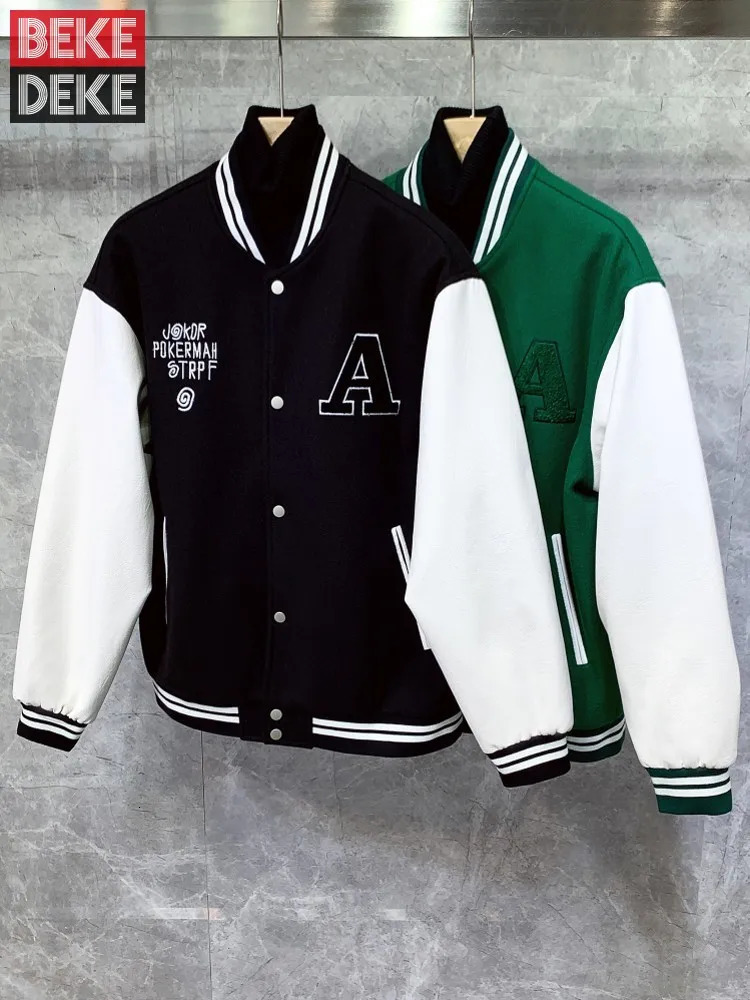 Men Autumn Thick Woolen Pu Leather Sleeve Patchwork Bomber Jacket Stand Collar Loose Hip Hop Coat Harajuku Casual Streetwear Top 241018