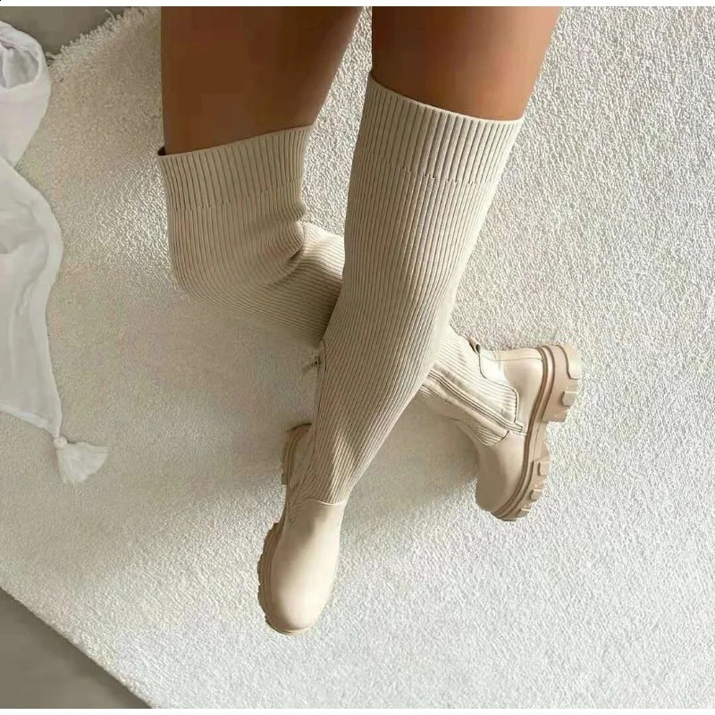 Women Thick Sole Boots 2024 Autumn Winter Breathable Knitting Sock Ladies Thigh High Boots Stretch Round Toe Shoes Plus Size 43 241010