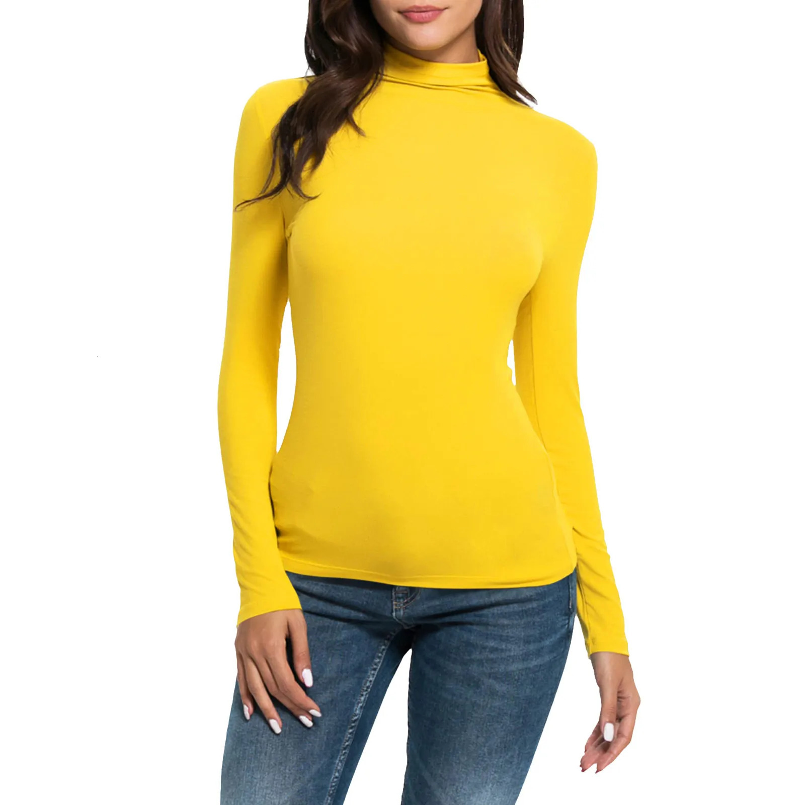 Turtleneck Women Basic TShirt Casual Solid Long Sleeved Blouse Tops Slim Fit Stretchy Versatile Tee Shirts Yellow Black T Shirt 241018