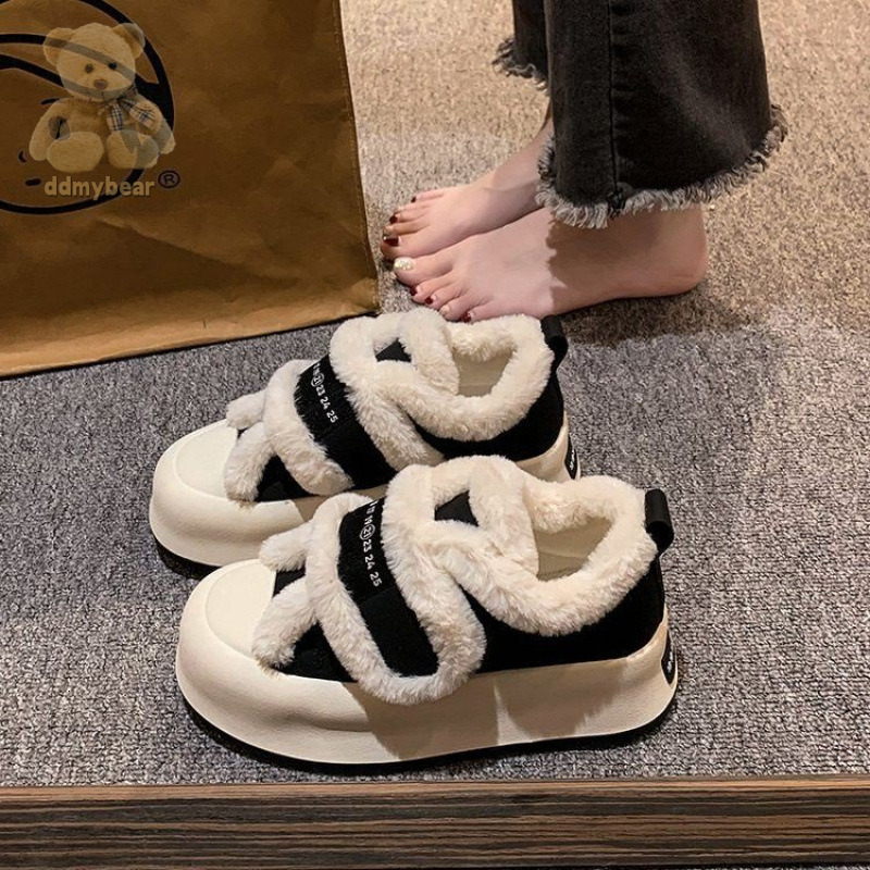 Ddmybear Thick Soft Leather Plush Sponge Soled Board For 2024 Winter Fashion Women's With Velcro Casual Outerwear Fur Shoes Chinese Brand Shoes F
