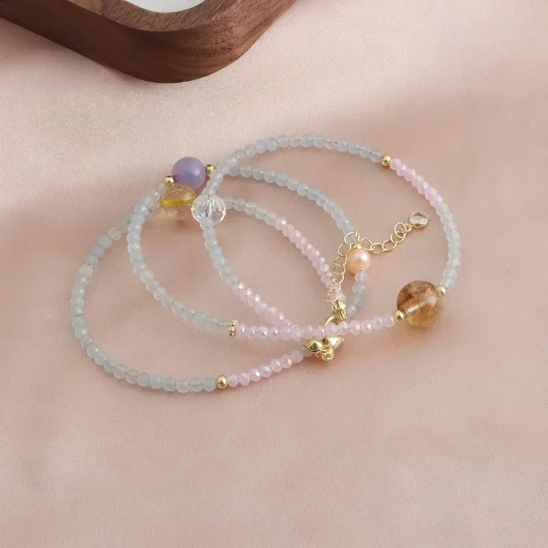 Minar handmade colored natural stone crystal aquamarine gemstone freshwater pearl three-layer bead chain bracelet 241018
