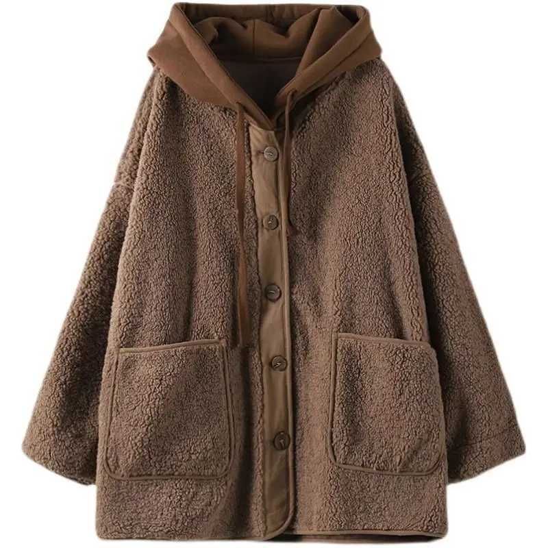 Lamb Wool Fleece Hooded Cotton-padded Jacket Coat Autumn Winter Women Clothes Patchwork Oversize Warm Fake Two Pieces SweatshirtX241018